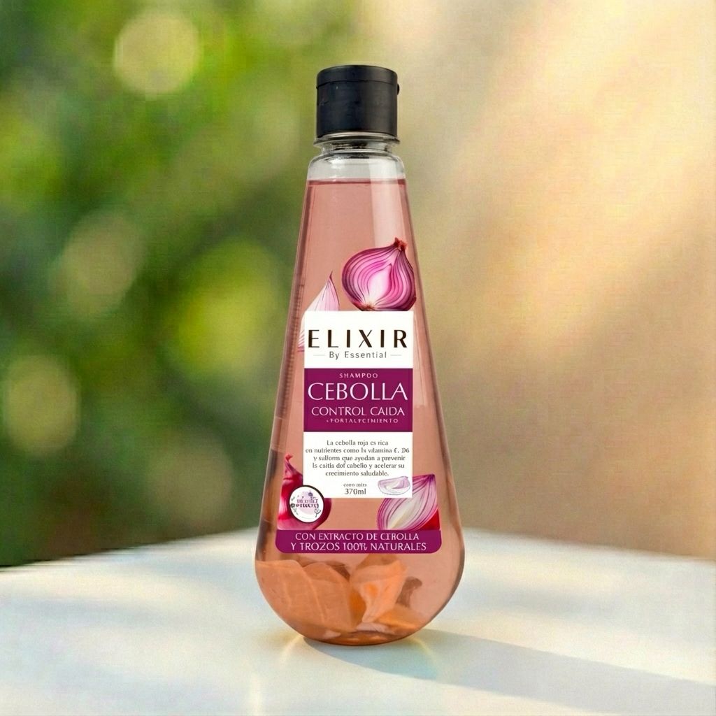 Botella de champú con ingredientes naturales y extracto de cebolla sobre una superficie blanca, para fortalecer el cabello y reducir su caída.