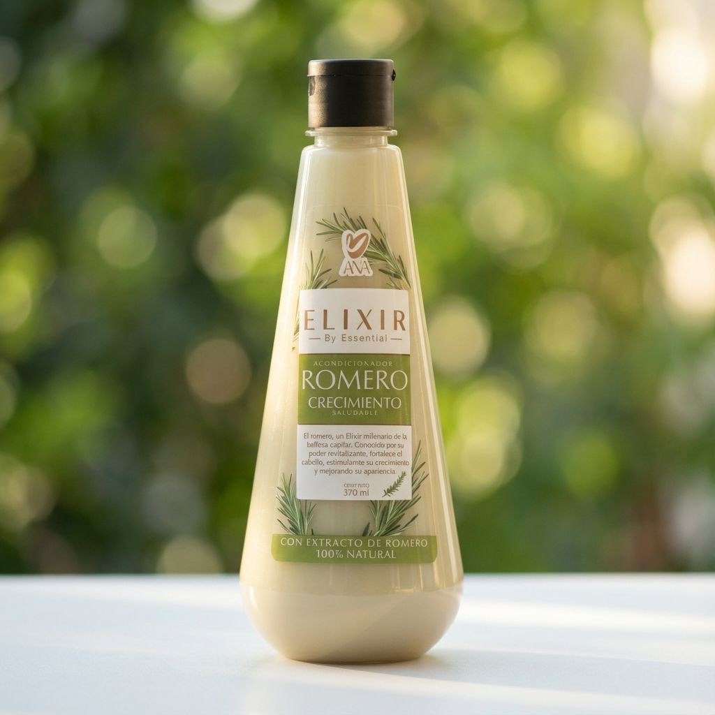 Botella de champú con ingredientes naturales a base de romero, destacando su fórmula vegetal para un cabello fuerte y saludable.
