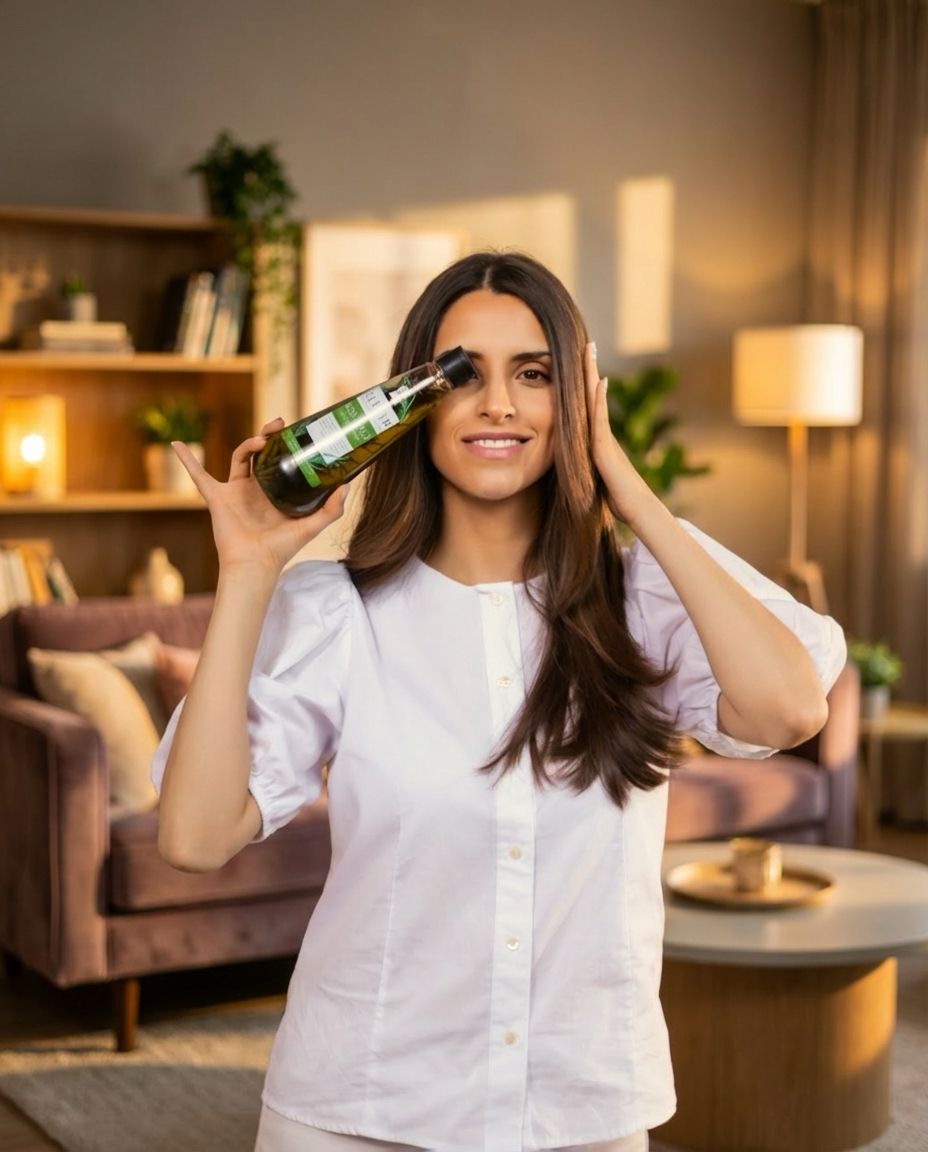 Woman holding a bottle of natural ingredient shampoo indoors, highlighting plant-based hair care in a calm, modern home setting.